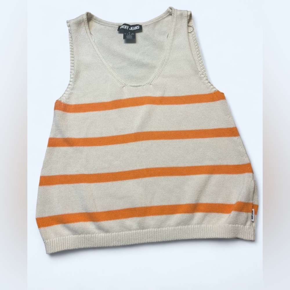 Vintage DKNY Jeans Women's Sweater Vest S Orange Striped Knit Y2K 90s Cotton